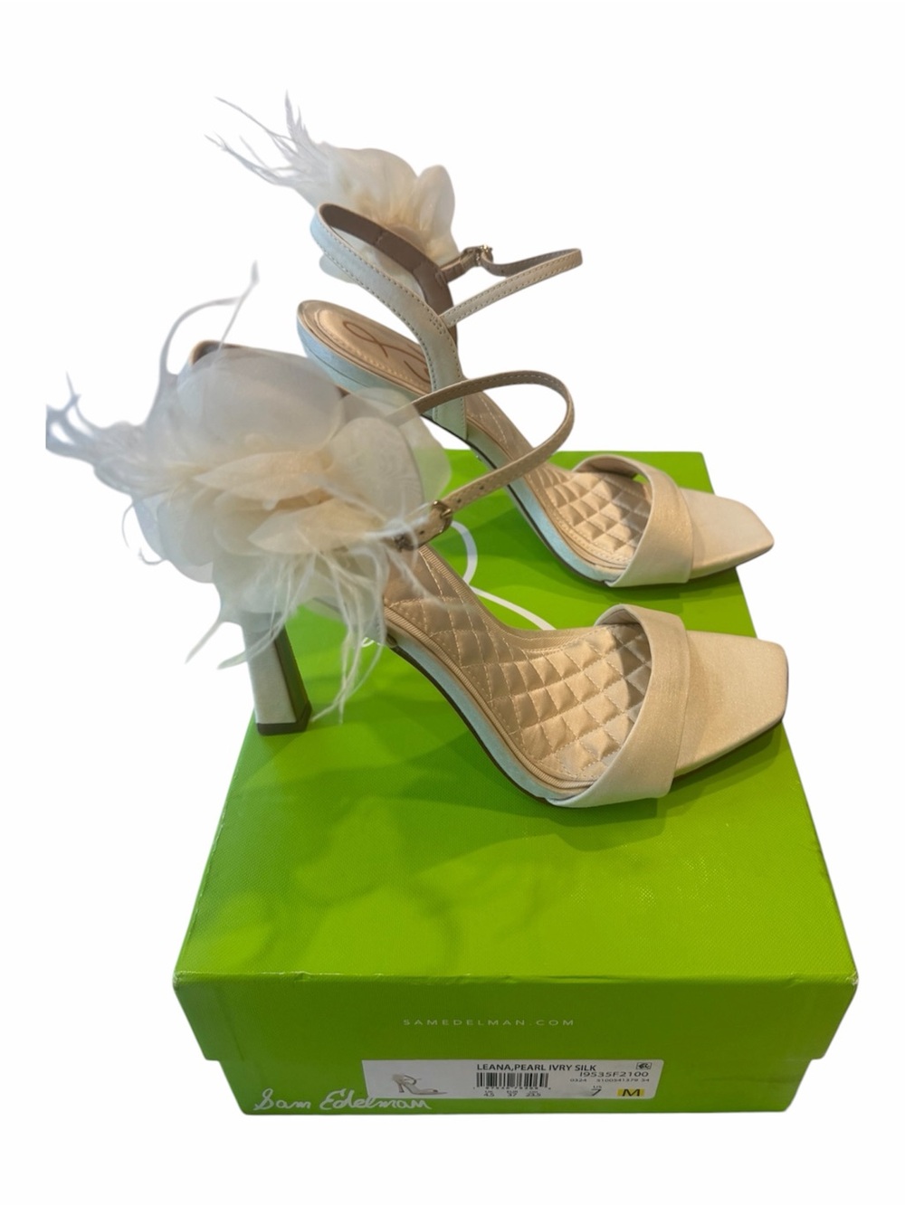 Sam Edelman Leana Pearl Ivory Silk Feather Flower Heeled Sandals Shoes Size 7 - Picture 2 of 8